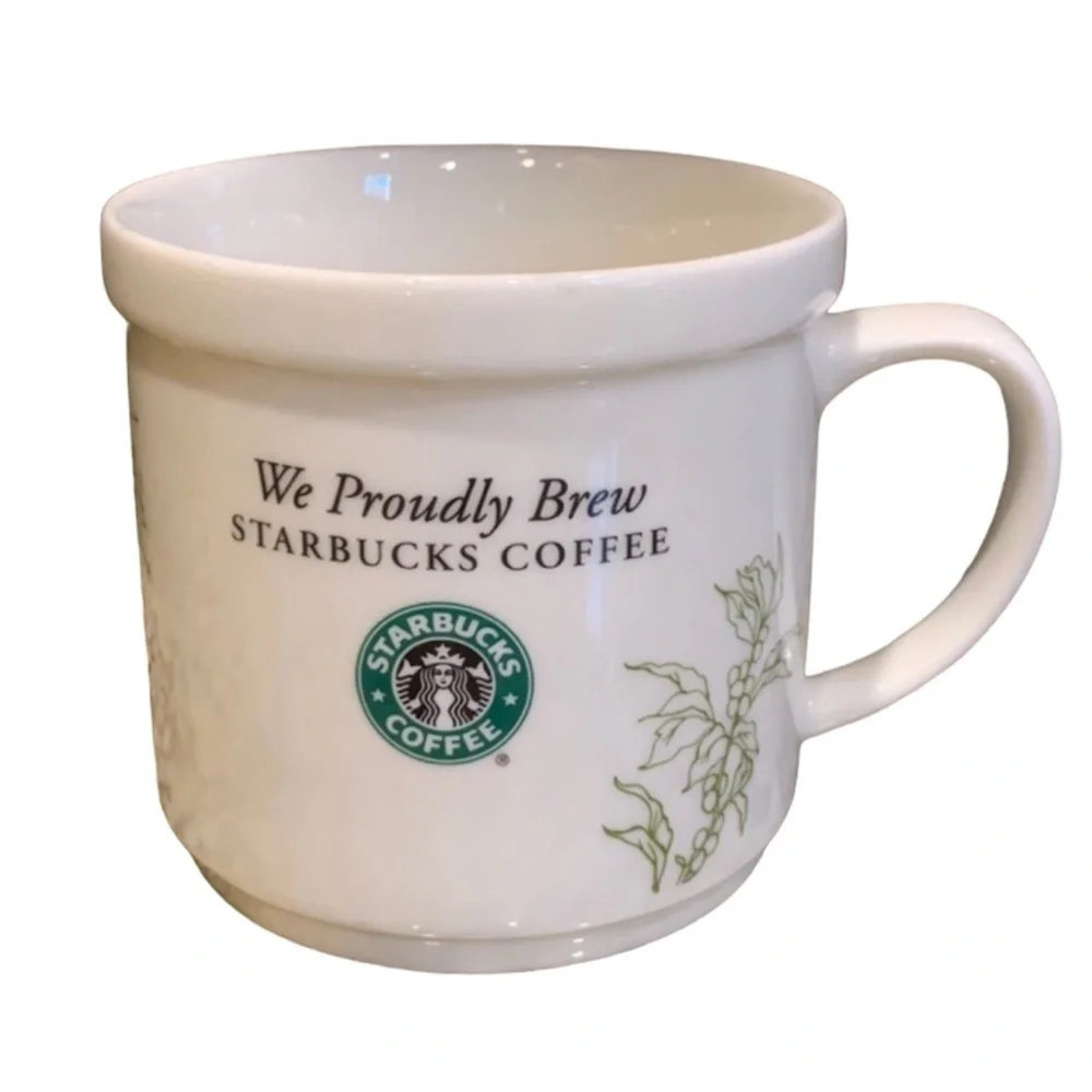 We Proudly Brew Starbucks coffee mug 12 ounces White and green